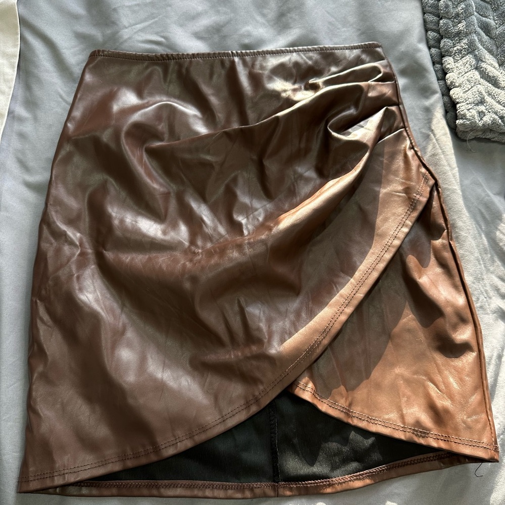 Brown Faux Leather Wrap Skirt